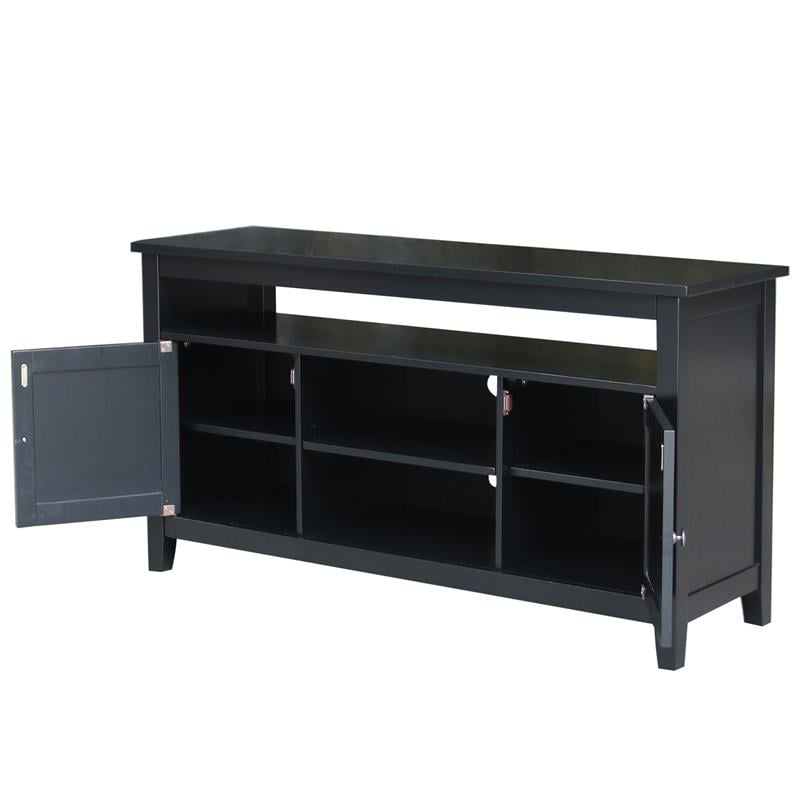 Solid Wood Entertainment / TV Stand with Open Shelves and 2 Doors in Black