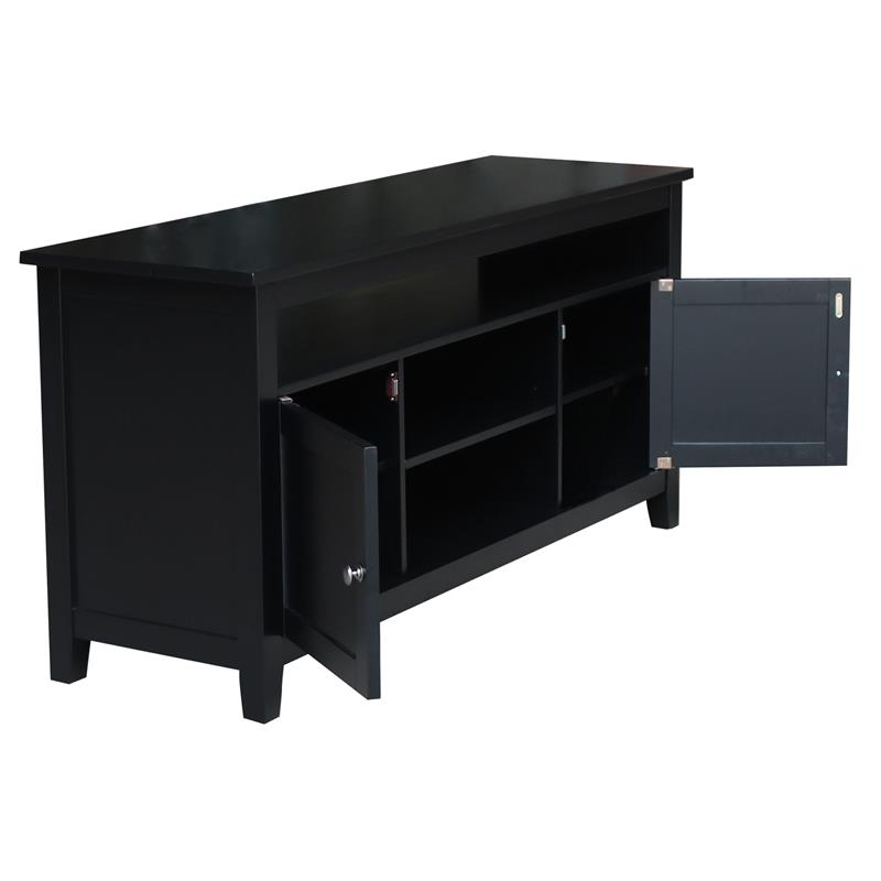 Solid Wood Entertainment / TV Stand with Open Shelves and 2 Doors in Black