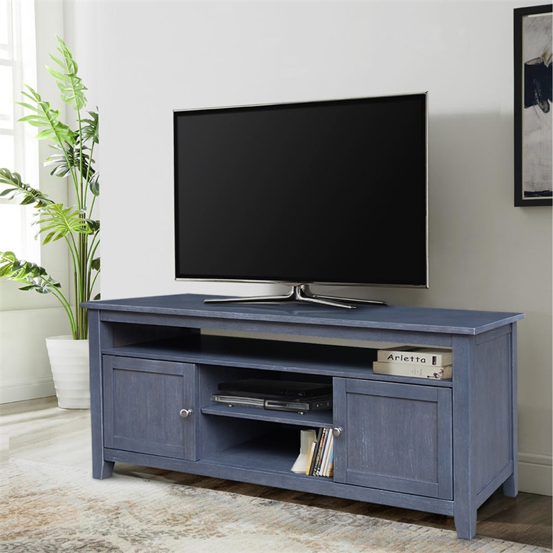 Solid Wood Entertainment / TV Stand with Open Shelves and 2 Doors in Gray