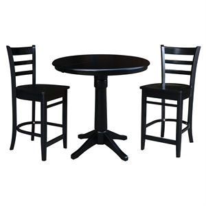 36&quot Round Solid Wood Counter Height Extension Table in Black & 2 Stools