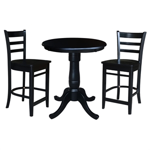 30&quot Round Solid Wood Pedestal Counter Height Table in Black & 2 Emily Stools