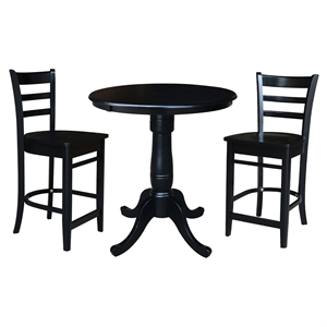 36&quot Round Solid Wood Pedestal Counter Height Table in Black & 2 Emily Stools