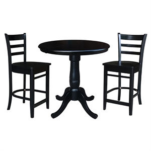 36&quot Round Solid Wood Counter Height Extension Table in Black & 2 Stools