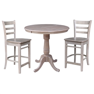 36&quot Round Solid Wood Extension Table in Washed Gray Taupe & 2 Madrid Stools