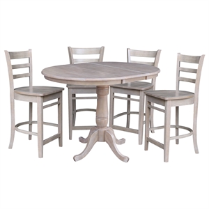 36&quot Round Solid Wood Extension Table in Washed Gray Taupe & 4 Madrid Stools