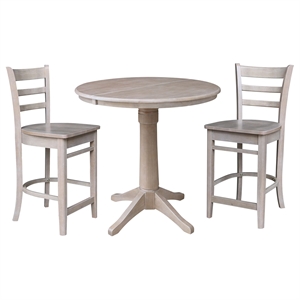 36&quot Round Solid Wood Extension Table in Washed Gray Taupe & 2 Emily Stools