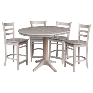 36&quot Round Solid Wood Extension Table in Washed Gray Taupe & 4 Emily Stools