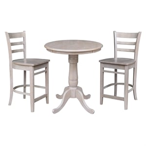 30&quot Round Solid Wood Pedestal Table in Washed Gray Taupe & 2 Stools