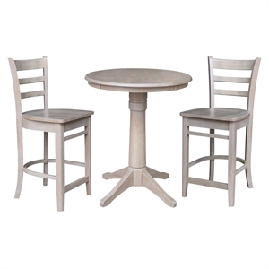 30&quot Round Solid Wood Pedestal Table in Washed Gray Taupe & 2 Stools