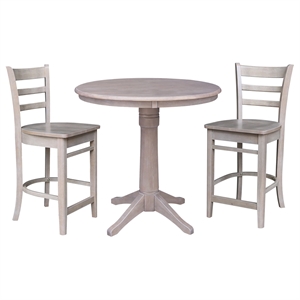 30&quot Round Solid Wood Pedestal Table in Washed Gray Taupe & 2 Stools