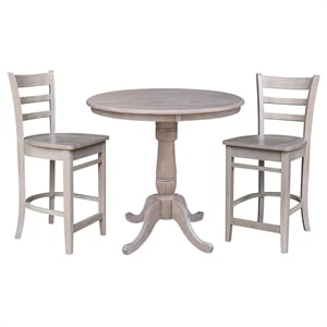 36&quot Round Solid Wood Pedestal Table in Washed Gray Taupe & 2 Stools