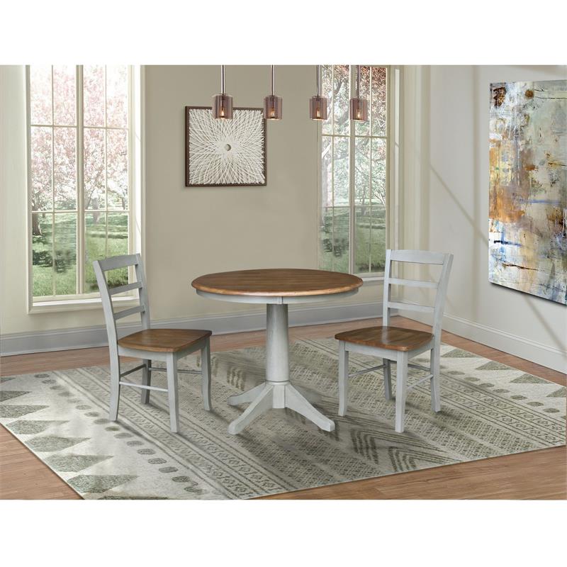 Wood Dining Table with 2 Madrid Ladderback Chairs in Distressed Hickory/Stone