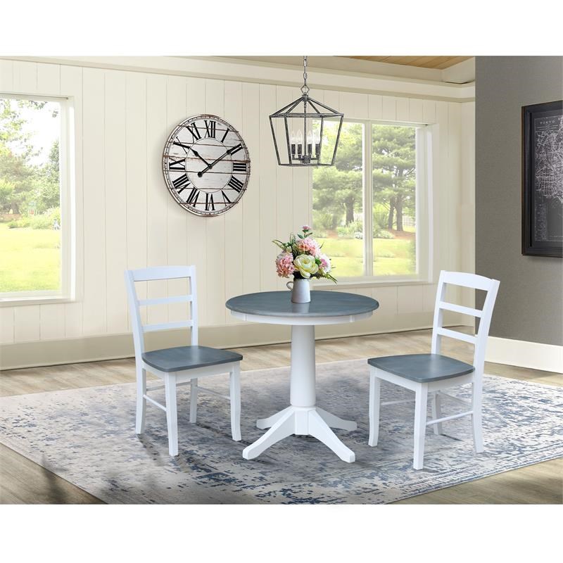 30 in. Wood Dining Table with 2 Madrid Ladderback Chairs in White/Heather Gray