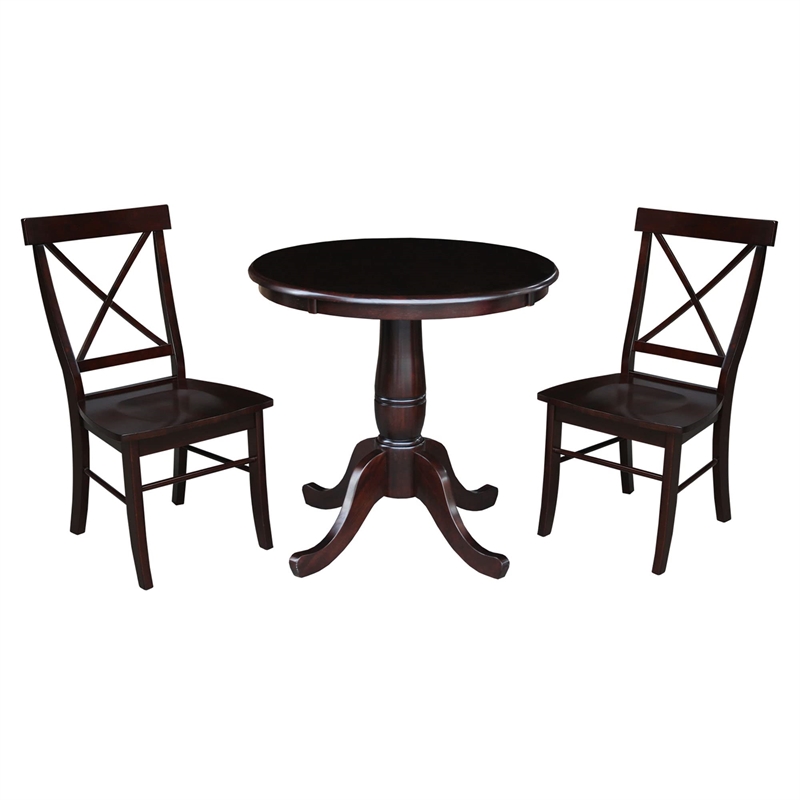 30 in. Wood Dining Table with 2 X-Back Chairs in Rich Mocha