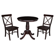 30 in. Wood Dining Table with 2 X-Back Chairs in Rich Mocha