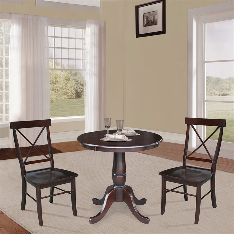 30 in. Wood Dining Table with 2 X-Back Chairs in Rich Mocha