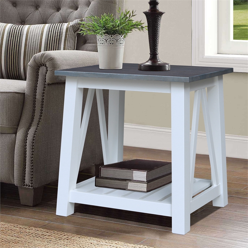 Surrey Solid Wood Side Table with Shelf in White/Heather Gray