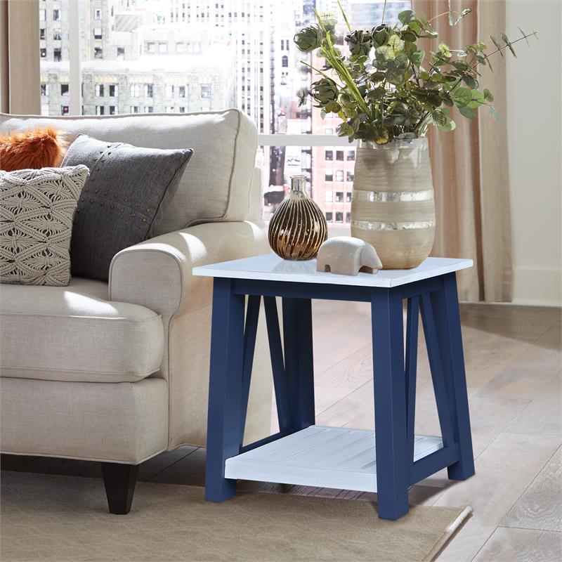 Surrey Solid Wood Side Table with Shelf in Blue/Antiqued Chalk