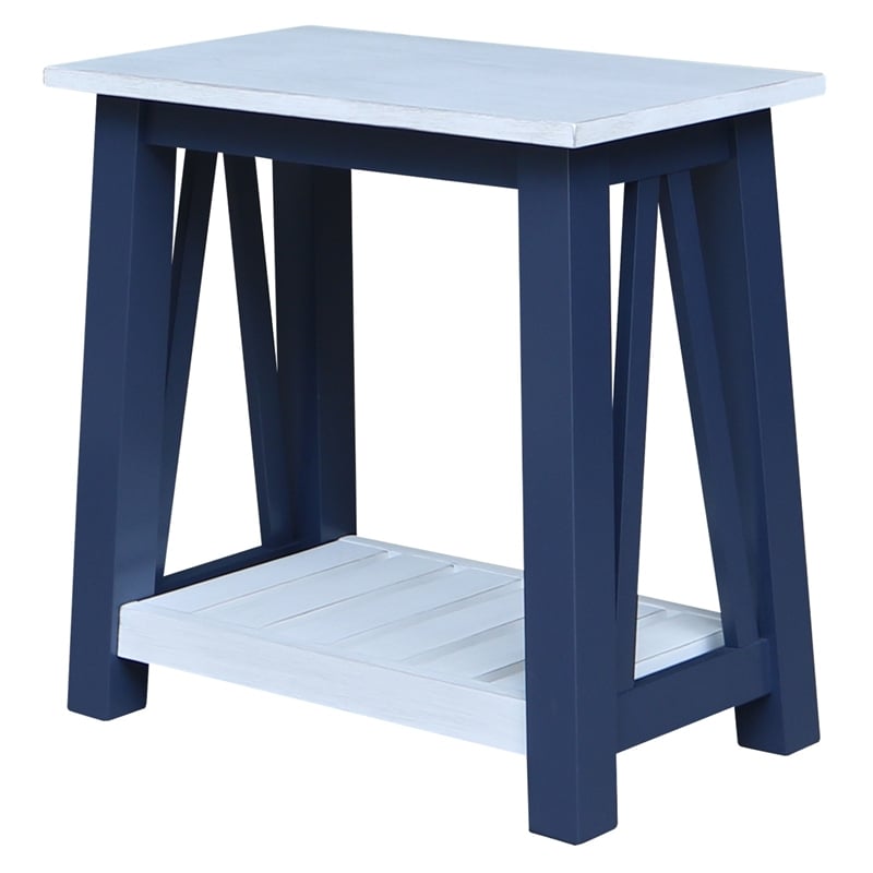 Surrey Solid Wood Side Table with Shelf in Blue/Antiqued Chalk
