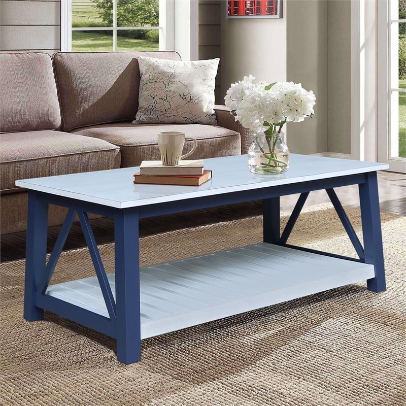 Surrey Solid Wood Coffee Table with Shelf - Blue/Antiqued Chalk
