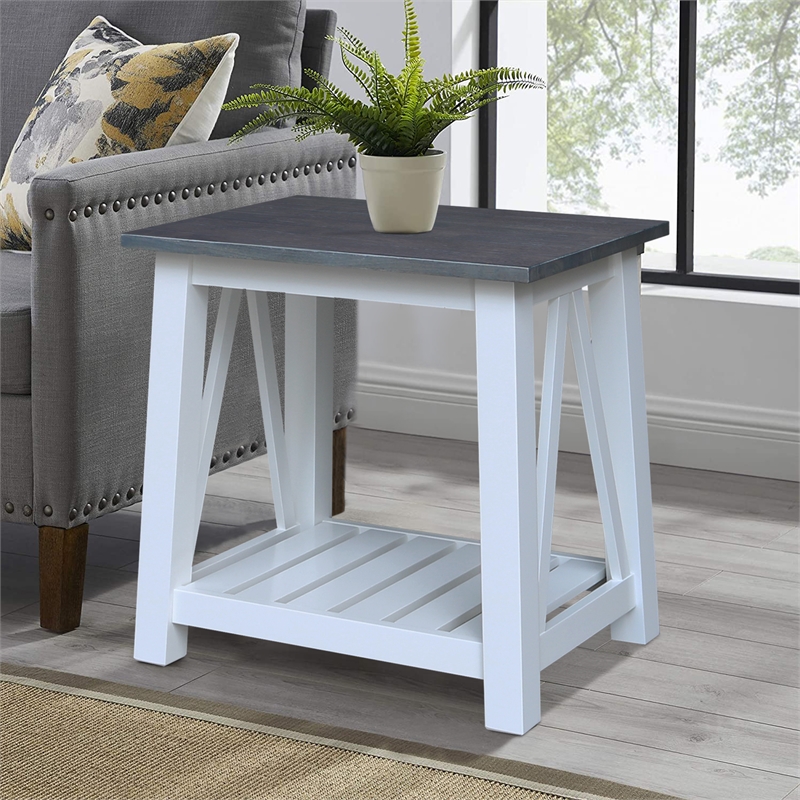 Surrey Solid Wood End Table with Shelf in White/Heather Gray