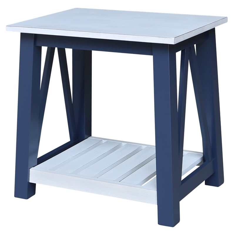Surrey Solid Wood End Table with Shelf - Blue/Antiqued Chalk