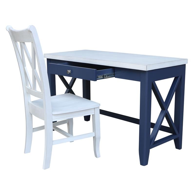 Hampton Wood Desk With Double XX Back Chair in Blue and Antiqued Chalk