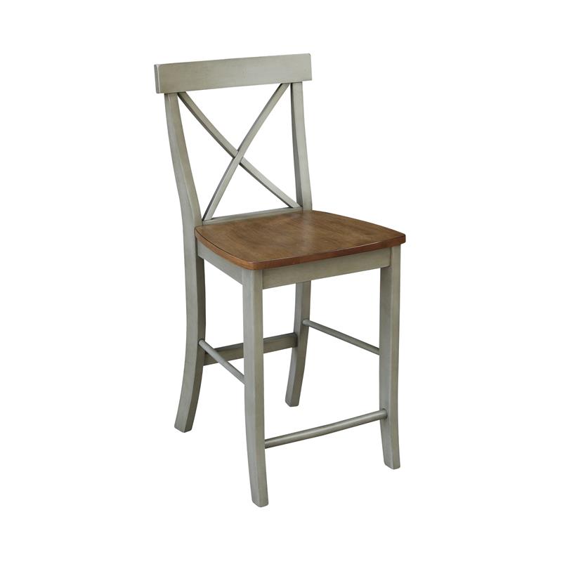 X-back Solid Wood Counterheight Stool in Distressed Hickory/Stone