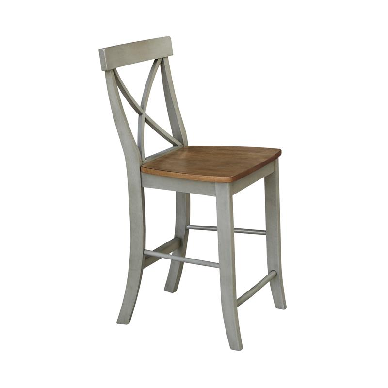 X-back Solid Wood Counterheight Stool in Distressed Hickory/Stone