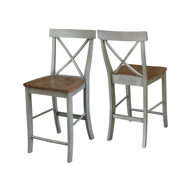 X-back Solid Wood Counterheight Stool in Distressed Hickory/Stone