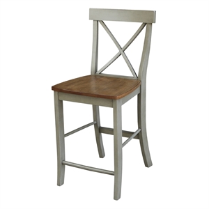 X-back Solid Wood Counterheight Stool in Distressed Hickory/Stone