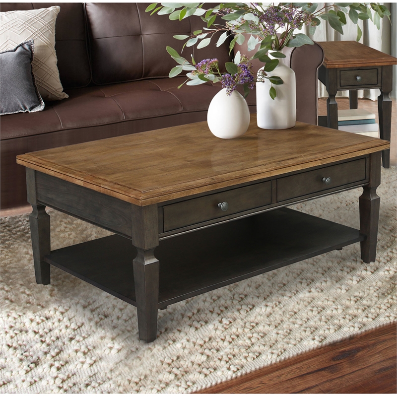 International Concepts Vista Solid Wood Coffee Table in Hickory/Washed Coal