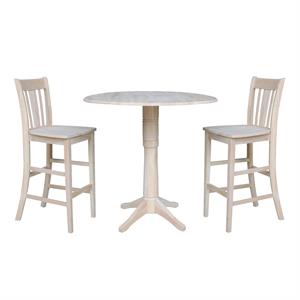 42&quot Round Solid Wood Bar Height Table with Two Stools -Unfinished