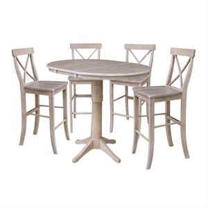 36&quot Round Wood Extension Table with 4 Bar Height Stools-Washed Gray Taupe