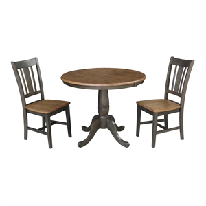 36&quot Round Wood Extension Dining table with 2 Chairs in Hickory/Washed Coal