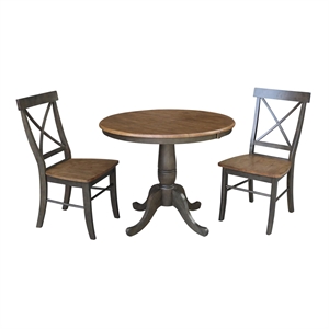36&quot Round Wood Extension Dining Table with 2 Chairs in Hickory/Washed Coal