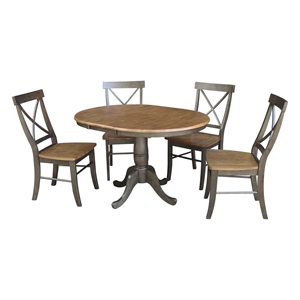 36&quot Round Wood Extension Dining Table with 4 Chairs in Hickory/Washed Coal