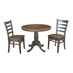 36&quot Round Wood Extension Dining Table with 2 Chairs in Hickory/Washed Coal