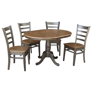 36&quot Round Wood Extension Dining Table with 4 Chairs in Hickory/Washed Coal
