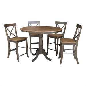 36&quot Round Wood Extension Counterheight Table and 4 Stools in Hickory/Washed Coal