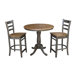 36&quot Round Wood Extension Counterheight Table and 2 Stools in Hickory/Washed Coal