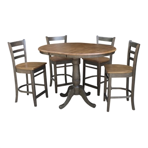 36&quot Round Wood Extension Counterheight Table and 4 Stools in Hickory/Washed Coal