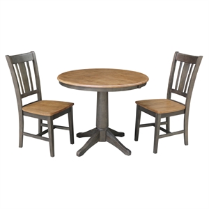 36&quot Round Wood Extension Dining Table with 2 Chairs in Hickory/Washed Coal