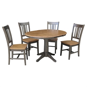 36&quot Round Wood Extension Dining Table with 4 Chairs in Hickory/Washed Coal