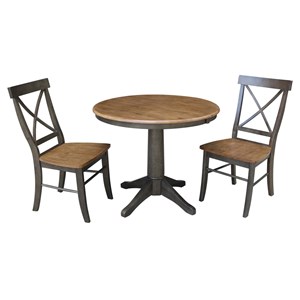 36&quot Round Wood Extension Dining Table with 2 Chairs in Hickory/Washed Coal
