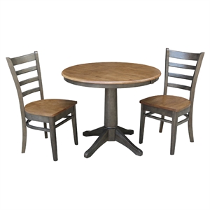 36&quot Round Wood Extension Dining Table with 2 Chairs in Hickory/Washed Coal