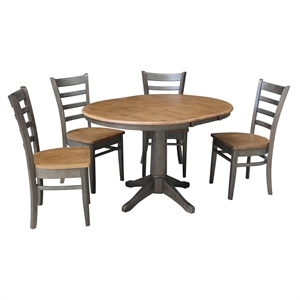 36&quot Round Wood Extension Dining Table with 4 Chairs in Hickory/Washed Coal
