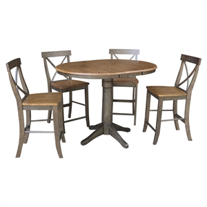 36&quot Round Wood Extension Counterheight Table and 4 Stools in Hickory/Washed Coal