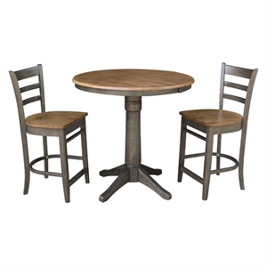 36&quot Round Wood Extension Counterheight Table and 2 Stools in Hickory/Washed Coal