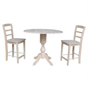 42&quot Round Wood Gathering Height Table with Two Counter Height Stools -Unfinished
